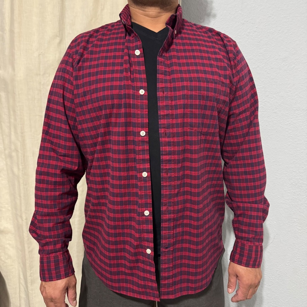 GAP Mens XL Untucked Long Sleeve Gingham Button Down Shirt Red Navy Blue Check